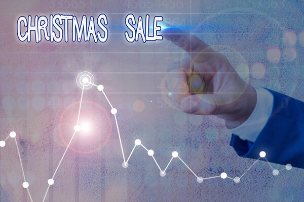 Word writing text Christmas Sale. Business concept for period during which a retailer sells goods at reduced prices.