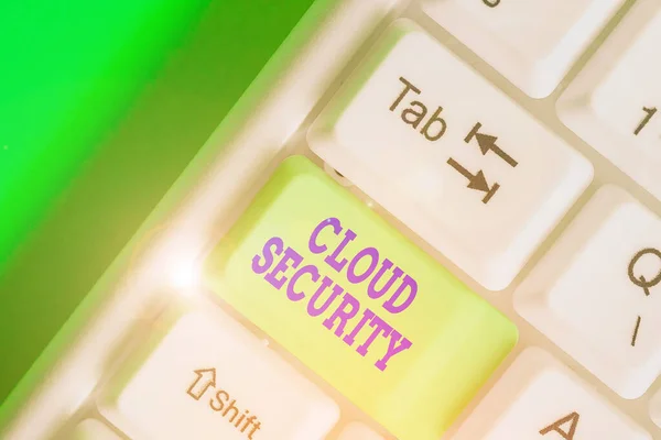 Εννοιολογική γραφή χεριών που δείχνει Cloud Security. Επαγγελματική φωτογραφία που παρουσιάζει την προστασία των στοιχείων που αποθηκεύονται on-line από την κλοπή και τη διαγραφή. — Φωτογραφία Αρχείου