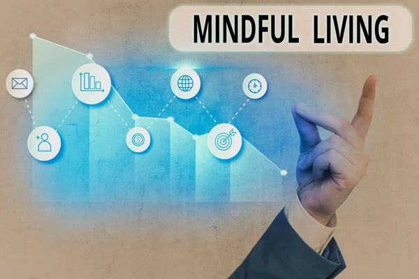 Signo de texto que muestra Mindful Living. Foto conceptual Tener un sentido de propósito y establecer metas en la vida . — Foto de Stock
