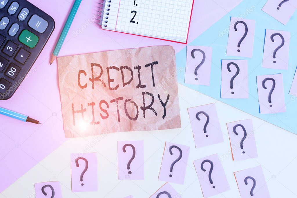 Word writing text Credit History. Business concept for record of a borrower s is responsible repayment of debts Mathematics stuff and writing equipment above pastel colours background.