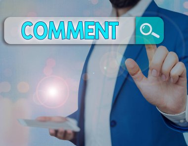 Yorum gösterilen Not yazma. Sözlü yazılı açıklama görüş iletişim tepki ifade vitrine iş fotoğraf.