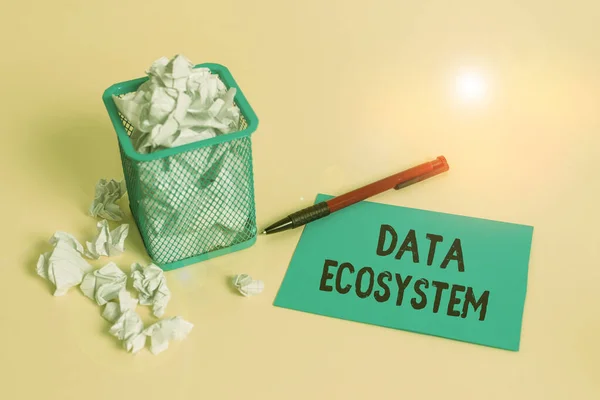 Word writing text Data Ecosystem. Business concept for collection of infrastructure used to capture and analyze data crumpled paper trash and stationary with note paper placed in the trash can.