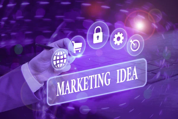 Writing note showing Marketing Idea. Business photo showcasing activities that seek to gain market share for a concept. — Stock Photo, Image