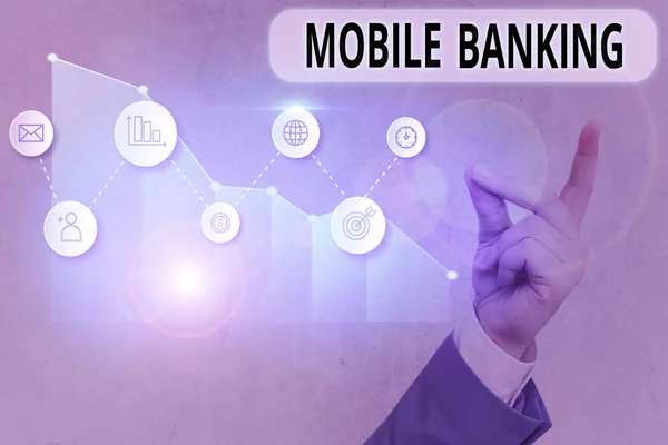 Mobil Banking-et mutató szövegtábla. Mobil eszköz koncepcionális fotózása online banki feladatok ellátására. — Stock Fotó