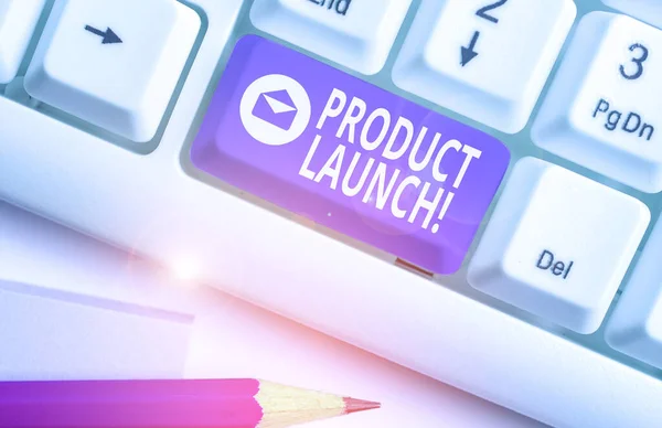 Writing note showing Product Launch. Business photo showcasing process to introduce new product for sale for the first time. — Stockfoto