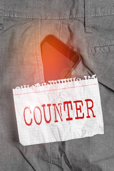 Word writing text Counter. Business concept for a surface used for making transactions in a store or in a bank Smartphone device inside formal work trousers front pocket near note paper.