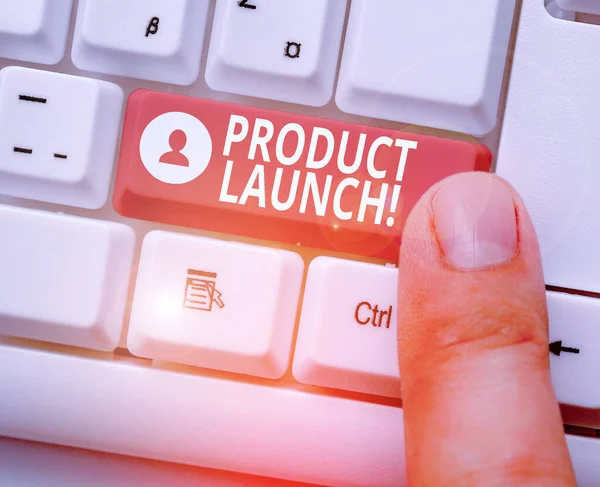 Schriftzug mit Produkteinführung. Business-Foto-Präsentationsprozess zur erstmaligen Einführung eines neuen Produkts zum Verkauf. — Stockfoto