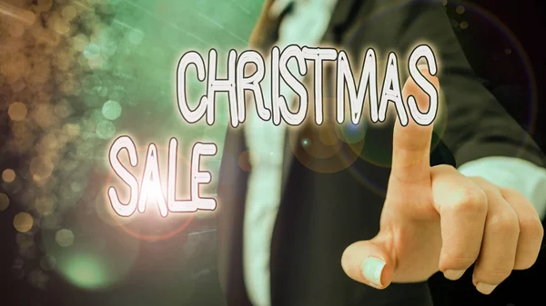 クリスマスセールを示すテキスト記号。小売業者が商品を低価格で販売する概念写真期間. — ストック写真