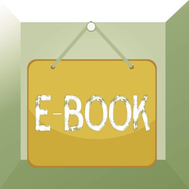 E Kitabı 'nı gösteren kavramsal el yazısı. Bilgisayar ya da tablet Memo anımsatıcı boş tahtayı okuyabilen basılı kitabın iş fotoğrafı elektronik sürümü.