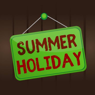 Yaz Tatili 'ni gösteren bir not yazıyorum. Yaz tatilinde iş fotoğrafı gösterimi Tatil ya da mola Memo hatırlatıcı boş tahta eklenmiş arka plan dikdörtgeni.