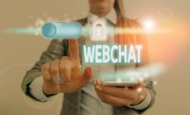 Webchat 'i gösteren kavramsal el yazısı. Kullanıcıların internet kullanarak gerçek zamanlı iletişim kurmalarını sağlayan iş fotoğraflama sistemi.