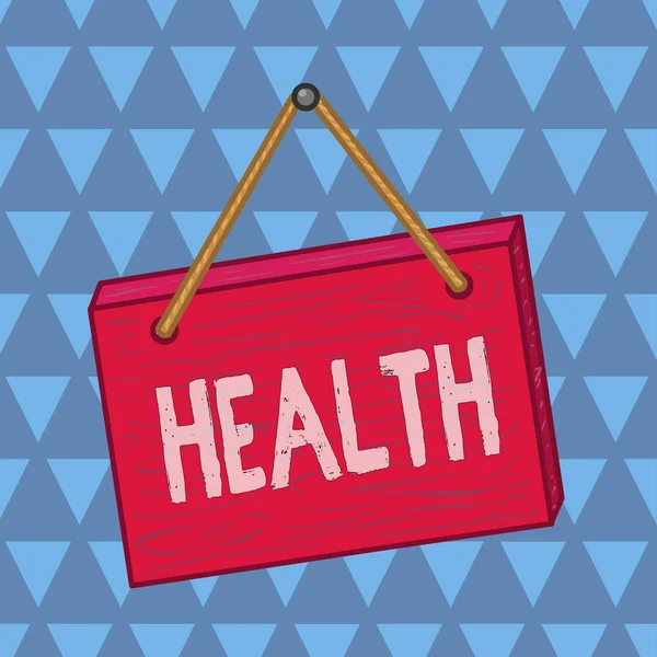 Text sign showing Health. Conceptual photo condition of the body and the degree to which it is free from illness Square rectangle unreal cartoon wood wooden hang down on the coloured wall. — Stock Photo, Image