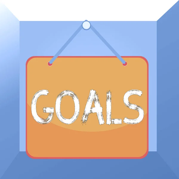 Conceptual hand writing showing Goals. Business photo text demonstratings ambition or effort aim desired result Sport match Winning Memo reminder empty board attached background rectangle. — Stock Photo, Image