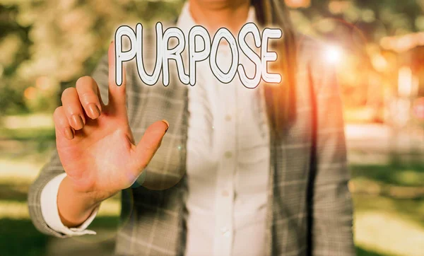 Word writing text Purpose. Business concept for The reason for which something is done or created and exists Business woman in the nature pointing with the finger into empty space. — 스톡 사진