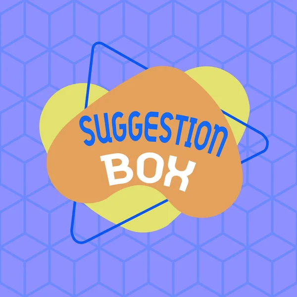 Conceptual hand writing showing Suggestion Box. Business photo text container which showing can leave comments about something Asymmetrical format pattern object outline multicolor design.