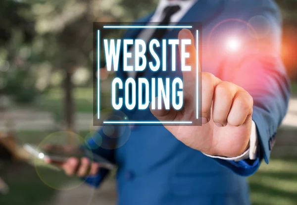 Handwriting text writing Website Coding. Concept meaning system of symbols and rules used to represent instructions Businessman with pointing finger in front of him. — Φωτογραφία Αρχείου