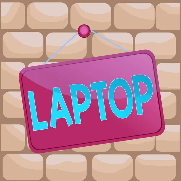 Kézírás szöveg írás Laptop. Koncepció jelentése számítógép, amely hordozható és használható utazás közben Színes memo emlékeztető üres tábla üres tér csatolja háttér téglalap. — Stock Fotó
