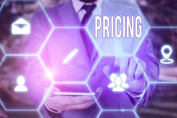Ordskrivning text Prissättning. Affärsidé för den metod som företag använder för att prissätta sina produkter eller tjänster. — Stockfoto