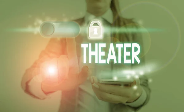 Conceptual hand writing showing Theater. Business photo showcasing building or outdoor area in which plays and dramatic perforanalysisces. — Stock Photo, Image