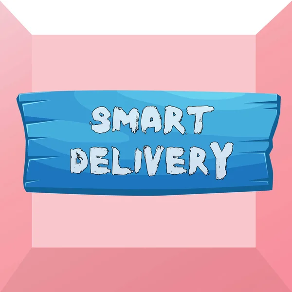 Tulisan tangan konseptual menunjukkan Smart Delivery. Teks foto bisnis Solusi mobile untuk pengiriman dan pengangkutan barang Lebih cepat Susun papan kayu berbentuk latar belakang warna yang terpasang . — Stok Foto