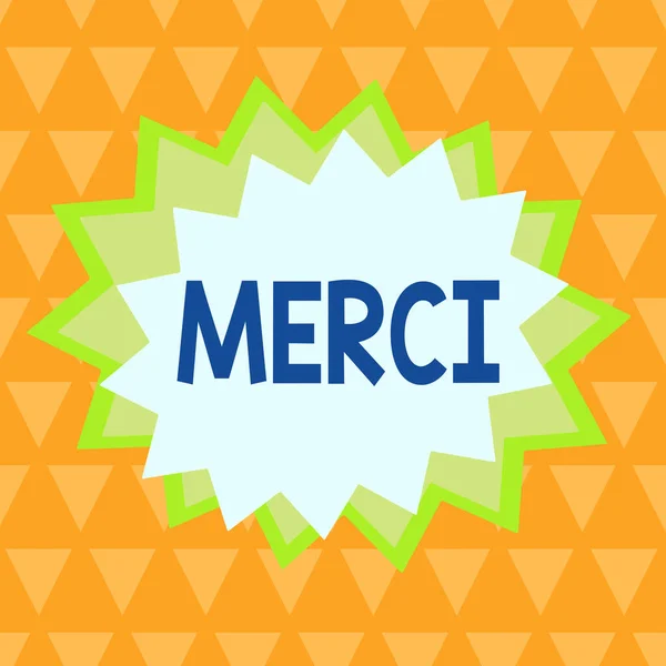 Handskrift text skriva Merci. Begreppet betyder vad som sägs eller svar när någon hjälper dig i Frankrike Tack Asymmetrisk ojämn format mönster objekt skissera flerfärgad design. — Stockfoto