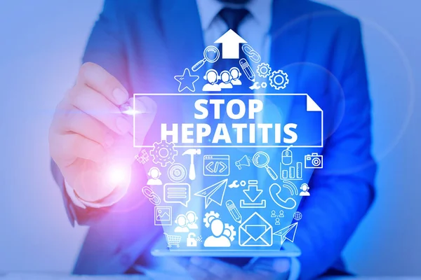 Escritura manual conceptual que muestra Stop Hepatitis. Texto de la foto comercial Tratamiento o prevención de la inflamación del hígado . — Foto de Stock