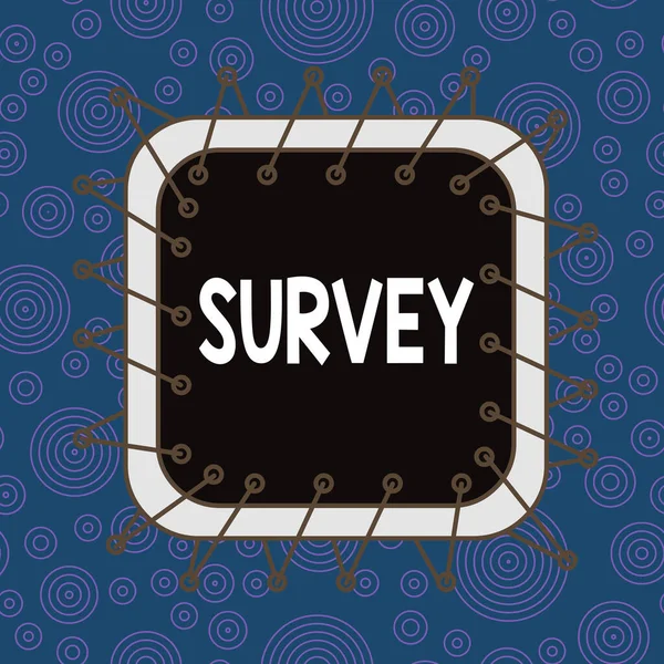 Text sign showing Survey. Conceptual photo look closely at or examine someone or something Record area Asymmetrical uneven shaped format pattern object outline multicolour design. — Stock Photo, Image
