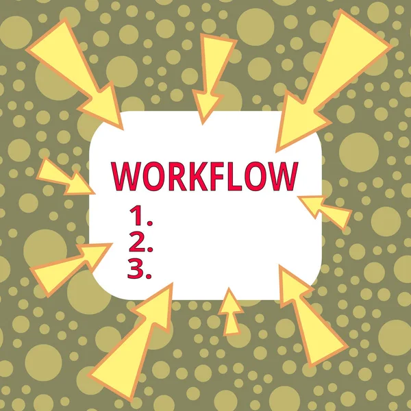 Signo de texto que muestra Workflow. Foto conceptual Serie de actividades o procedimientos necesarios para completar una tarea Forma asimétrica desigual patrón objeto contorno diseño multicolor . — Foto de Stock