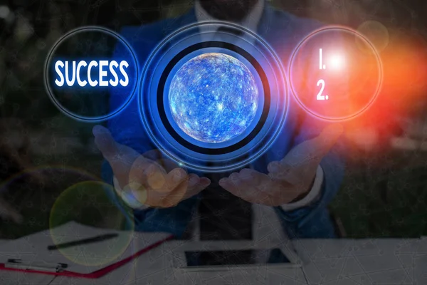 Text sign showing Success. Conceptual photo accomplishment aim purpose good or bad outcome of undertaking Elements of this image furnished by NASA. — Stockfoto