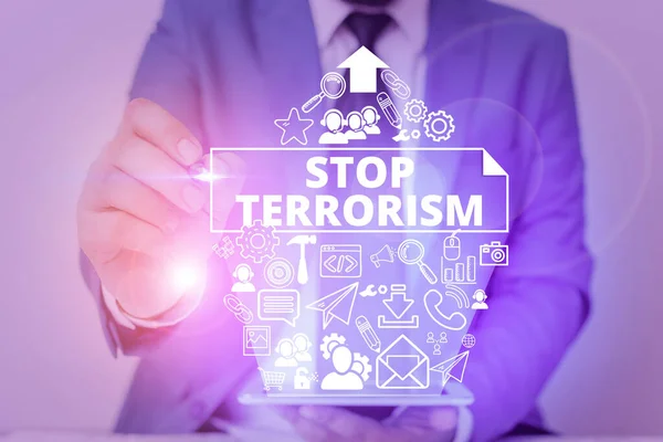 Escritura a mano conceptual que muestra Stop Terrorism. Texto de la foto de negocios Resolver las cuestiones pendientes relacionadas con la violencia . — Foto de Stock