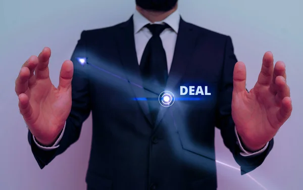 Conceptual hand writing showing Deal. Business photo text Take part in commercial trading of a certain product Be concerned with. — Stock Photo, Image