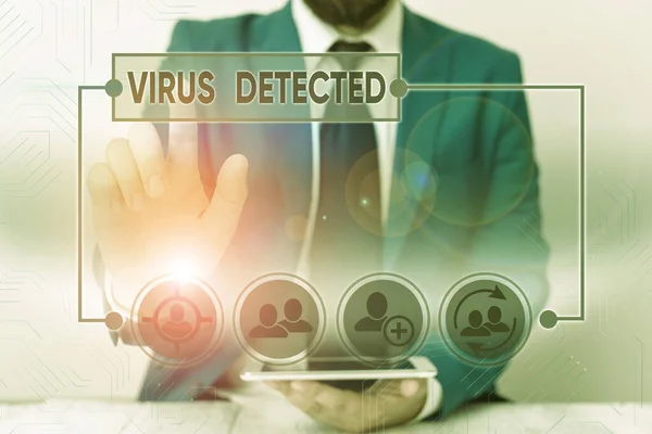 Texto de escritura de palabras Virus detectado. Concepto de negocio para Identificado un malware que puede dañar el ordenador . — Foto de Stock
