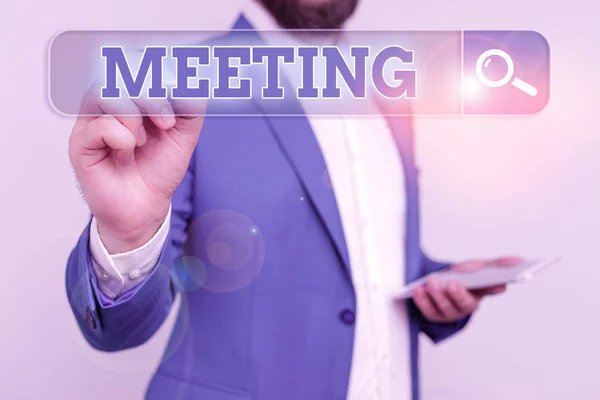 Conceptual hand writing showing Meeting. Business photo showcasing assembly of showing for a particular purpose or for formal discussion. — Stock Photo, Image