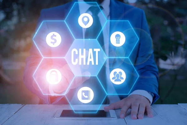 Text sign showing Chat. Conceptual photo take part in a discussion that involves sending messages over internet. — Stock Photo, Image