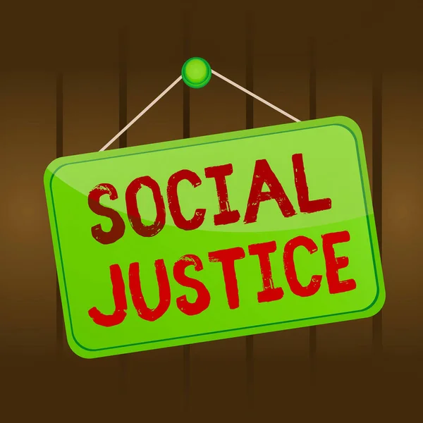 Writing note showing Social Justice. Business photo showcasing Equal access to wealth and privileges within a society Memo reminder empty board attached background rectangle. — Stock Photo, Image