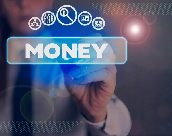 Woord schrijven tekst Geld. Bedrijfsconcept voor een actueel ruilmiddel in de vorm van munten en bankbiljetten. — Stockfoto