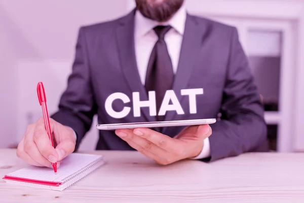 Word writing text Chat. Business concept for take part in a discussion that involves sending messages over internet Male human wear formal clothes present presentation use hi tech smartphone. — Stock Photo, Image