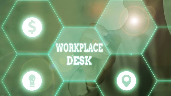 Texto de escritura de palabras Workplace Desk. Concepto de negocio para un tipo de mesa en la que puedes trabajar a menudo con cajones . —  Fotos de Stock