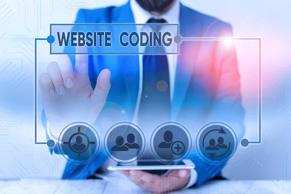 Texto para escrita de palavras Website Coding. Conceito de negócio para o sistema de símbolos e regras usado para representar instruções . — Fotografia de Stock