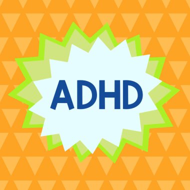 El yazısı Adhd. Çocukların zihinsel sağlık bozukluğu anlamına gelen hiperaktif sorun dikkat asimetrik biçimsiz şekil şekil nesne ana hatları çoklu renk tasarımı.