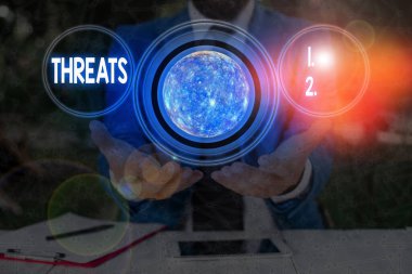 Text sign showing Threats. Conceptual photo Statement of an intention to inflict pain hostile action on someone Elements of this image furnished by NASA. clipart