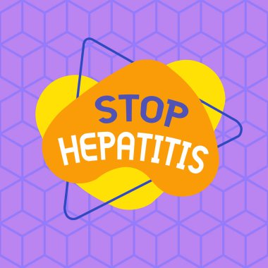 Hepatiti durdurduğunu gösteren kavramsal el yazısı. İş fotoğrafı metni Tedavisi veya karaciğerin iltihaplanmasının önlenmesi Asimetrik biçim deseni nesne ana hatları çok renkli tasarımı.