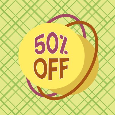 Kavramsal el yazısı% 50 indirim gösteriyor. Bir ürünün orijinal fiyatında iş fotoğrafı metninde% 50 indirim. Asimetrik biçim şekli nesne ana hatları çok renkli tasarım..