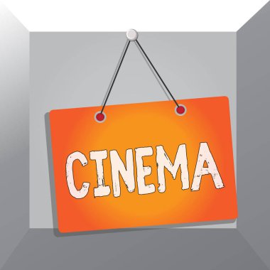 Sinemayı gösteren kavramsal el yazısı. Halka açık eğlence sineması için filmlerin gösterildiği iş metni sineması. Anımsatıcı boş tahta, arka plan dikdörtgenine iliştirilmiş..