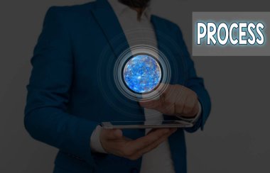 Süreç 'i gösteren not yazılıyor. Standart prosedürleri gösteren iş fotoğrafı Nasa tarafından desteklenen bu görüntünün belirli bir iş kuralları sisteminin elemanlarının nasıl ele alınacağını gösteriyor.