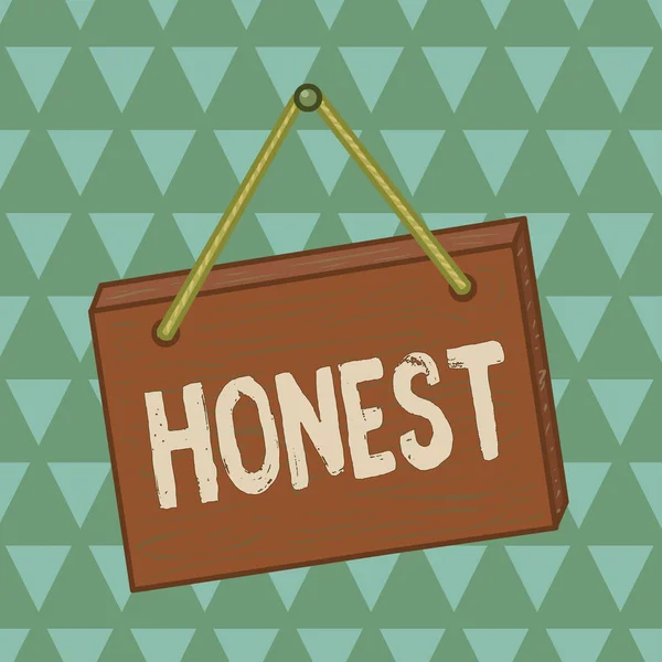 Text sign showing Honest. Conceptual photo telling the truth or able to be trusted and not likely to steal Square rectangle unreal cartoon wood wooden hang down on the coloured wall. — Stock Photo, Image