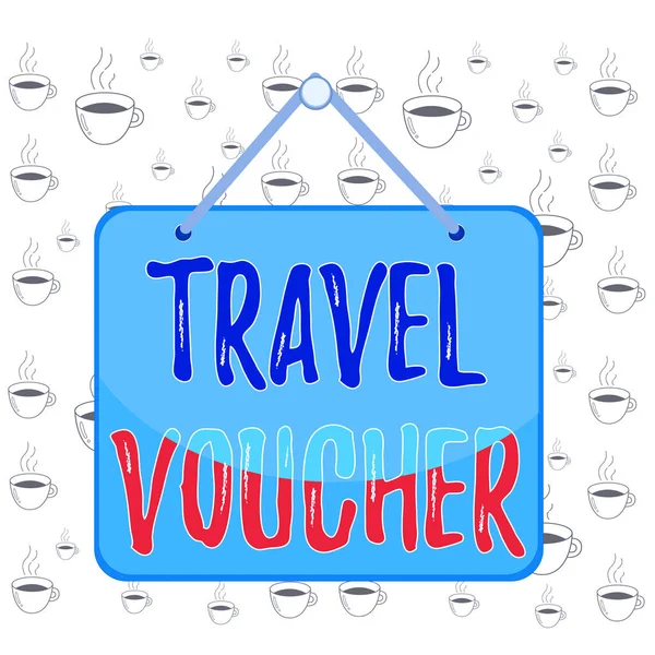 Schrijfbriefje met reisvoucher. Zakelijke foto presentatie Verhandelbare transactie type ter waarde van een bepaalde monetaire waarde Memo herinnering leeg bord bijgevoegde achtergrond rechthoek. — Stockfoto