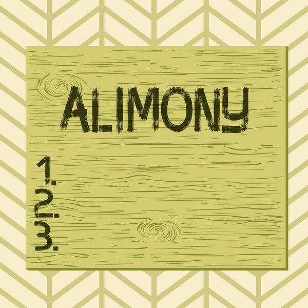 Writing note showing Alimony. Business photo showcasing money paid to either husband or wife after a divorce by court order Square rectangle unreal cartoon wood on the coloured wall.