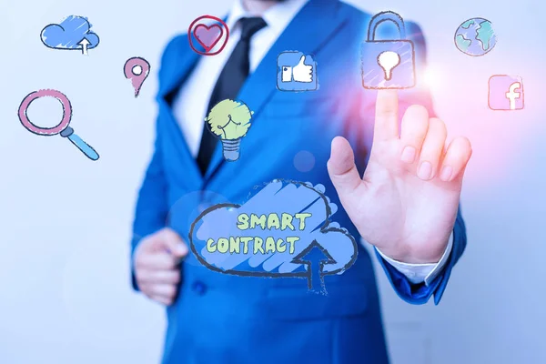 Text sign showing Smart Contract. Conceptual photo the computer protocol running on top of a block chain.