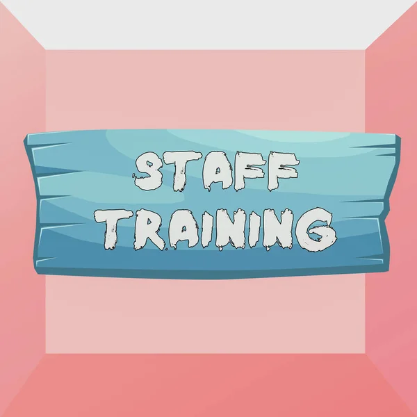 Conceptual hand writing showing Staff Training. Business photo text program that is designed to increase the technical skills Wooden board rectangle shaped wood attached color background. — Stock Photo, Image